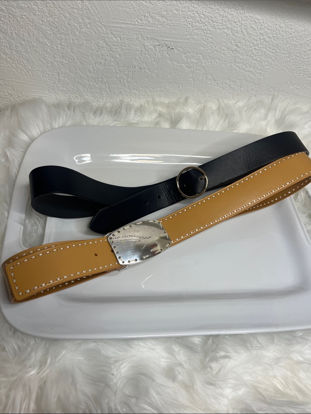 Belt Bundle Set of 2 Black + Tan Leather with Silver Buckle